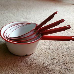Enamelware white  red pots